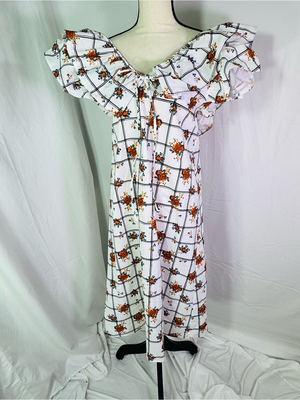 Zara NWT Off Shoulder Floral Grid Midi Dress L Cottagecore Boho Chic